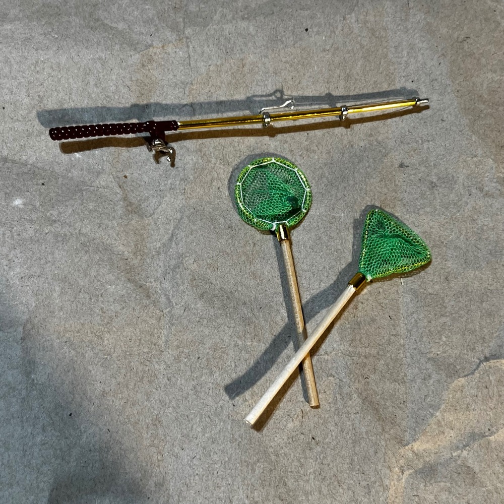 5" Miniature Fishing Rod and‎ Net Set Gold Green 3pc Dollhouse Decor
